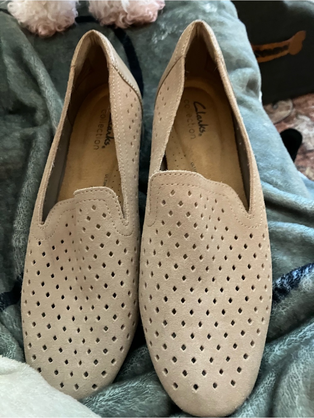 Clarks Women's Beige Perforated Suede Slip-On Loafers
